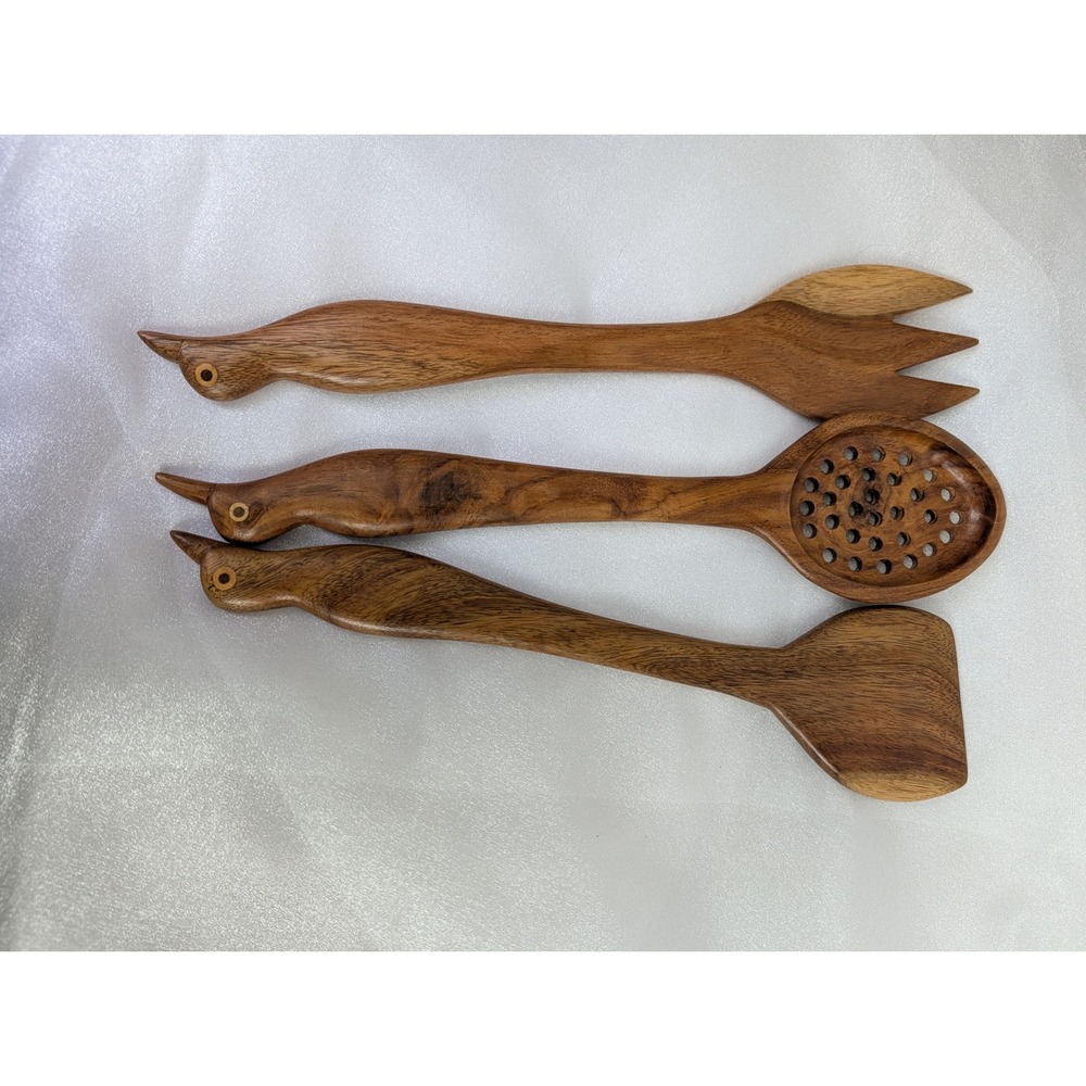 Vintage Hand Carved Wood Duck Handle Kitchen Utensil Set 3pc Slotted Spoon Fork